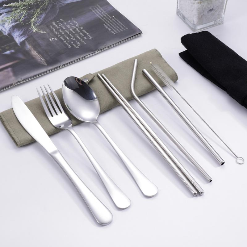Stainless Steel Straw - طقم أدوات مائدة للسفر مكون من